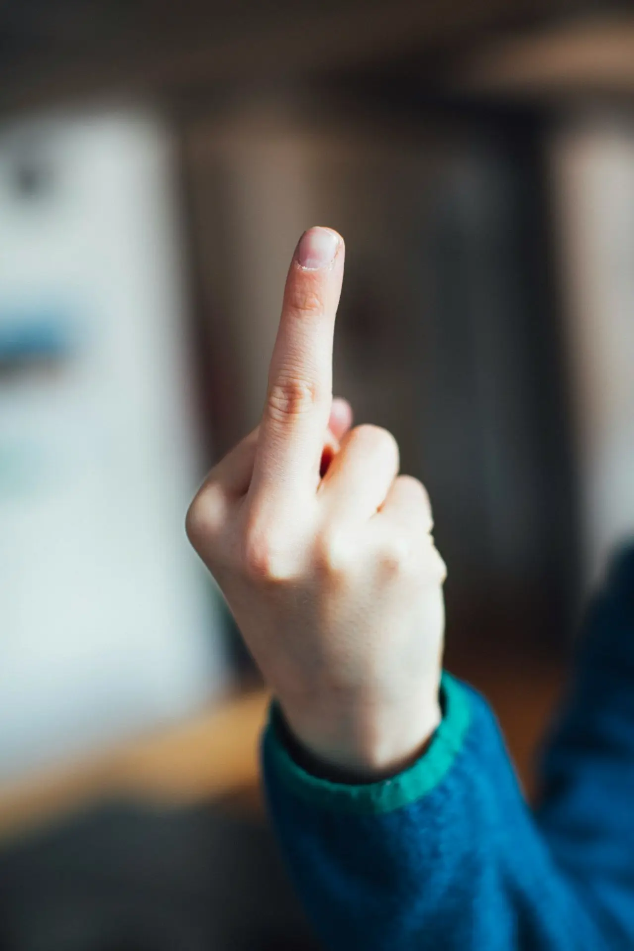 person in blue long sleeve shirt showing right middle finger